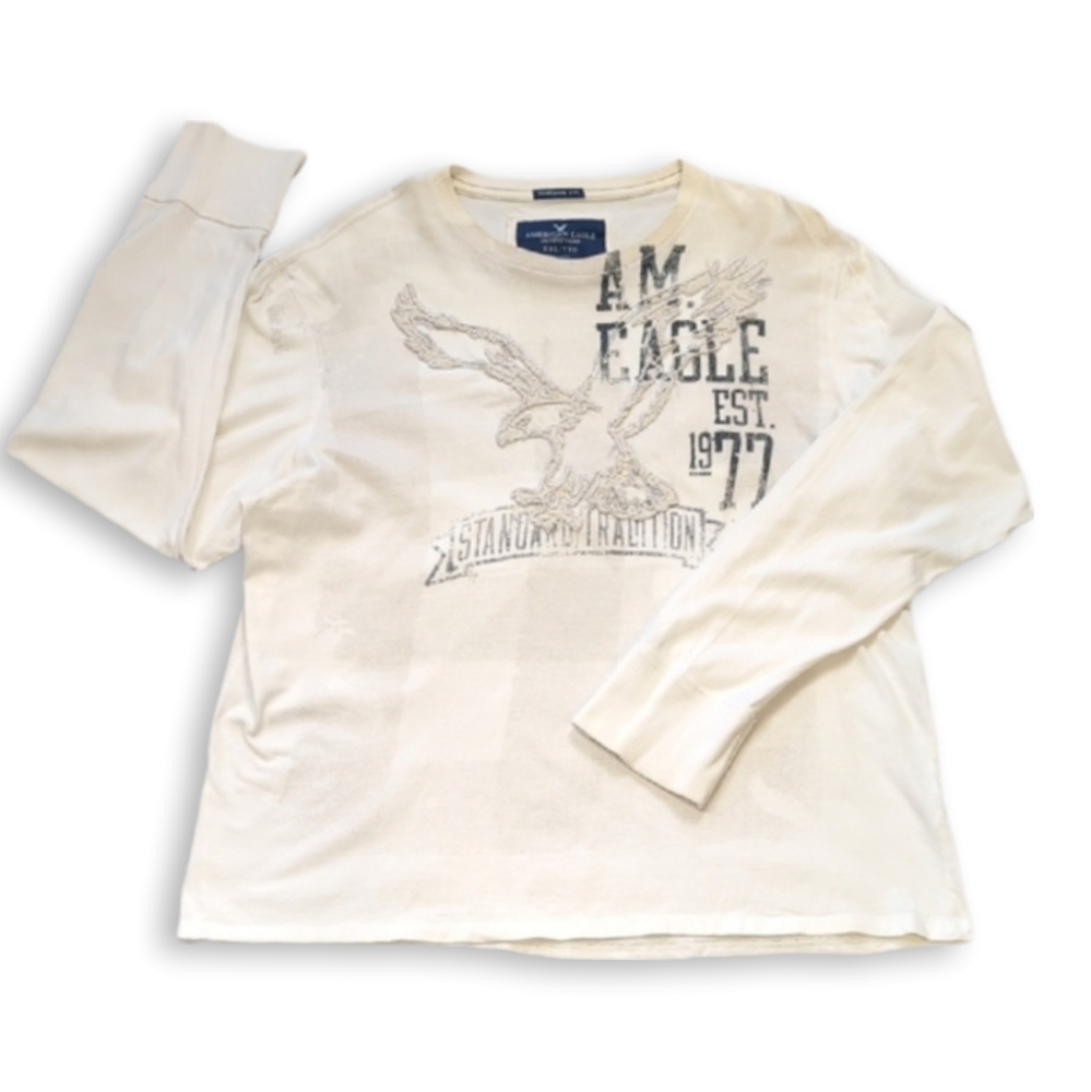 American Eagle Long Sleeve Graphic Top Mens Size XXL White Vintage Distressed